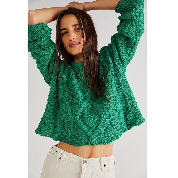 Free People Cutting Edge Cable Pullover Sweater Cropped Raw Hem Green Bee XS - Picture 3 of 4